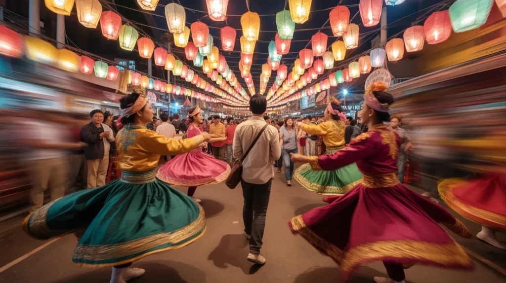 A powerful wide-angle shot of a traveler standing in the middle of a bustling cultural festival