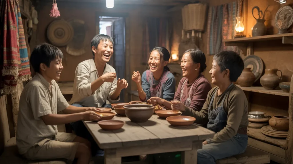 A warm, intimate scene of a traveler sharing a meal with a local family in a rustic home