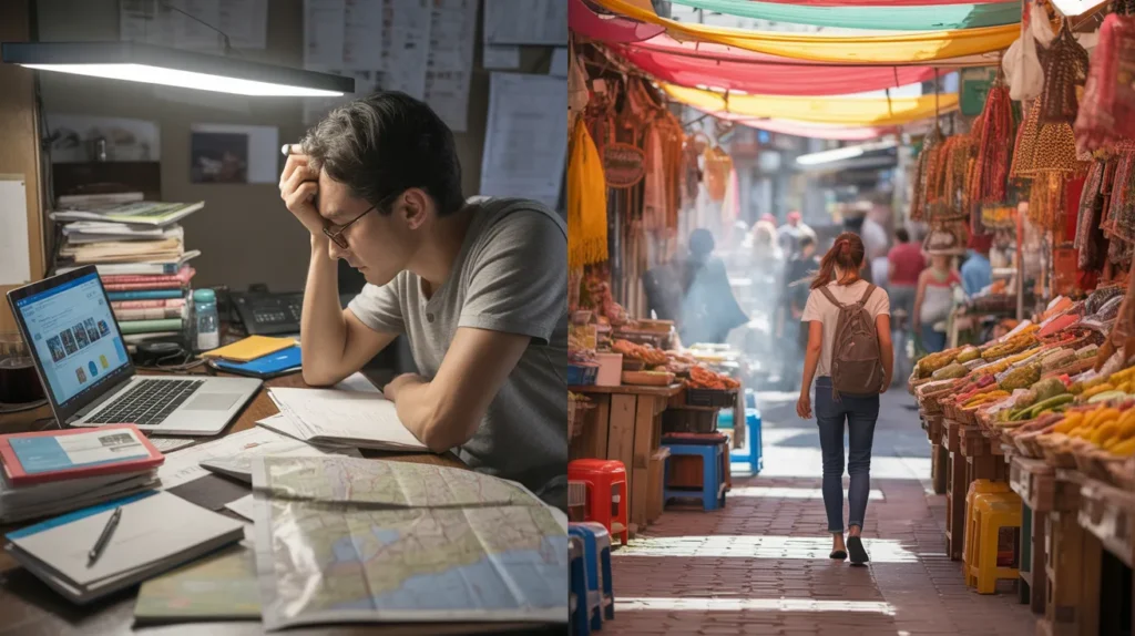 Split-scene composition showing a person overwhelmed planning with maps, laptop, and notes scattered chaotically – the right side shows a person confidently exploring a vibrant foreign street market