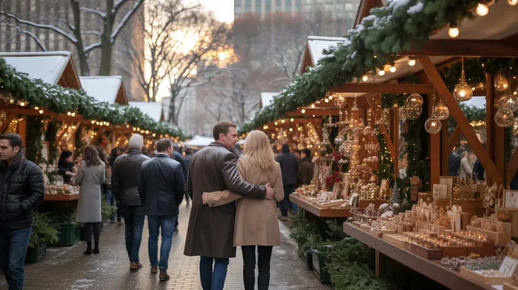 A sophisticated Christmas market near Central Park at sunset