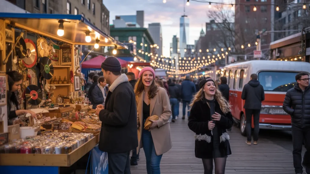 Urban-chic Christmas market scene in Brooklyn