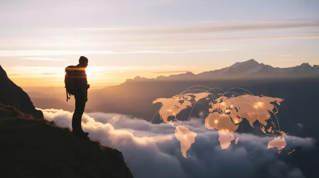 cinematic sunrise view of a solo traveler standing on a mountain ridge, overlooking a glowing world map