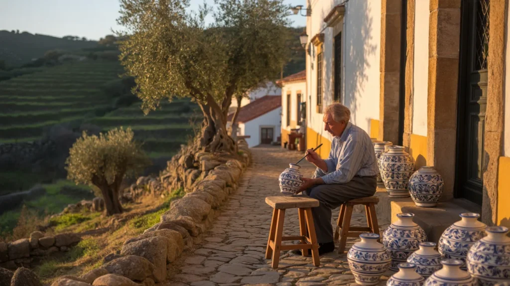 cobblestone village street in Portugal’s Alentejo at sunset, with olive trees, vineyards, and a local artisan painting pottery outside a rustic café