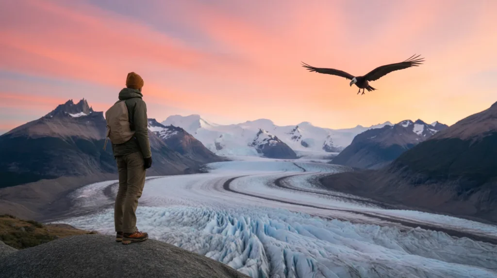 lone hiker gazing over Patagonia’s glaciers under a pink dawn sky, wearing sustainable travel gear