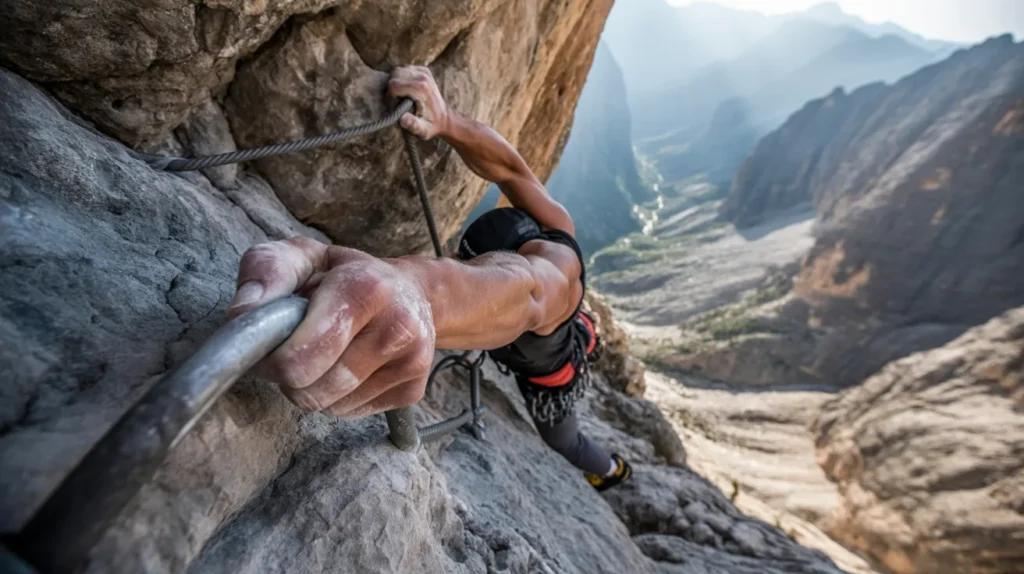 Dynamic action shot of a climber gripping steel rungs on a via ferrata