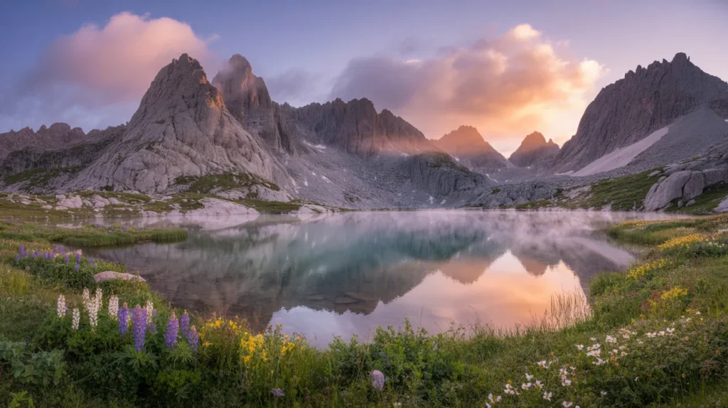 Tranquil alpine lake surrounded by wildflowers