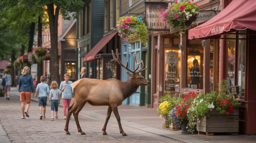 Warm, charming downtown scene with rustic shops, hanging flower baskets