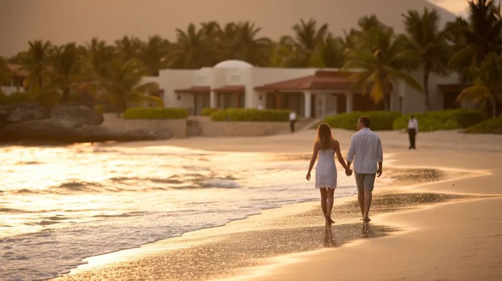 calm, sunlit beachfront resort in Mexico at golden hour