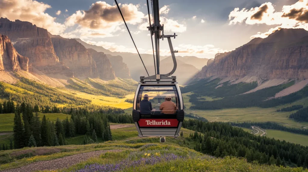 viewpoint from inside an open gondola overlooking Telluride valley