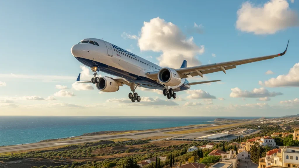 image of a passenger aircraft coming in to land at Heraklion, greece